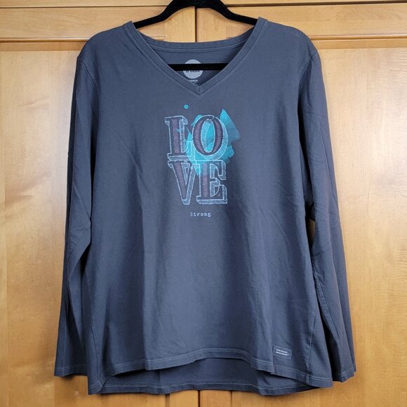 Life is Good Dark Grey V-neck Classic Fit Long Sleeve LOVE Strong Tee - XL - Picture 1 of 7